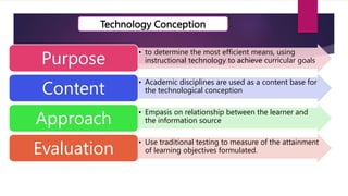 Technology Conception
• to determine the most efficient means, using
instructional technology to achieve curricular goals
Purpose
• Academic disciplines are used as a content base for
the technological conception
Content
• Empasis on relationship between the learner and
the information source
Approach
• Use traditional testing to measure of the attainment
of learning objectives formulated.
Evaluation
 