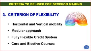 3. CRITERION OF FLEXIBILITY
• Horizontal and Vertical mobility
• Modular approach
• Fully Flexible Credit System
• Core and Elective Courses
CRITERIA TO BE USED FOR DECISION MAKING
15
 