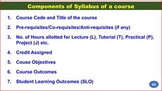 Components of Syllabus of a course
1. Course Code and Title of the course
2. Pre-requisites/Co-requisites/Anti-requisites (if any)
3. No. of Hours allotted for Lecture (L), Tutorial (T), Practical (P),
Project (J) etc.
4. Credit Assigned
5. Couse Objectives
6. Course Outcomes
7. Student Learning Outcomes (SLO)
44
 