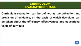 CURRICULUM
EVALUATION PHASE
Curriculum evaluation can be defined as the collection and
provision of evidence, on the basis of which decisions can
be taken about the efficiency, effectiveness and educational
value of curricula
54
 