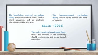 ELLIS (2004)
The learner-centered curriculum
theory focuses on the interests and needs
of students.
The knowledge- centered curriculum
theory states that students should receive
liberal education, and an academic
education should be prioritized
The society-centered curriculum theory
thinks that problems of the community
should be discovered and solved through
curriculum.
 