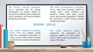 SCHIRO (2012)
The learner- centered curriculum
theory advocates that the natural
development of students should be
ensured by considering their intellectual,
social, emotional, and physical features
through the curriculum.
The scholar academic curriculum
theory states that children should
learn the accumulated knowledge of
culture, and an effort should be made
to understand an academic discipline in
depth.
The social reconstruction curriculum
theory states that awareness should be
created about social problems and
injustices arising from racial, sexual,
social, and economic inequalities. Through
the curriculum, a fairer society structure
should be provided.
The social efficiency theory
emphasizes the importance of
preparing students for their future
roles in order to grow up properly as
adults of the future.
 