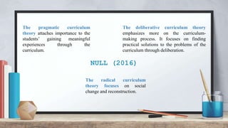 NULL (2016)
The deliberative curriculum theory
emphasizes more on the curriculum-
making process. It focuses on finding
practical solutions to the problems of the
curriculum through deliberation.
The radical curriculum
theory focuses on social
change and reconstruction.
The pragmatic curriculum
theory attaches importance to the
students’ gaining meaningful
experiences through the
curriculum.
 