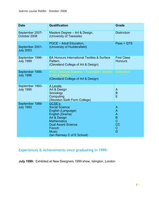 Joanne Riddle Joanne Riddle - Curriculum Vitae - October 2008 | DOC