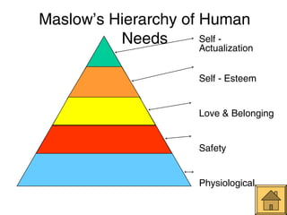 Maslow’s Hierarchy of Human
          Needs       Self -
                      Actualization


                          Self - Esteem


                          Love & Belonging


                          Safety


                          Physiological
 
