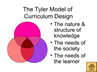 The Tyler Model of
Curriculum Design
         • The nature &
           structure of
           knowledge
         • The needs of
           the society
         • The needs of
           the learner
 