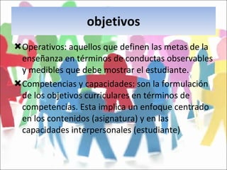 objetivos Operativos: aquellos que definen las metas de la enseñanza en términos de conductas observables y medibles que debe mostrar el estudiante. Competencias y capacidades: son la formulación de los objetivos curriculares en términos de competencias. Esta implica un enfoque centrado en los contenidos (asignatura) y en las capacidades interpersonales (estudiante) 