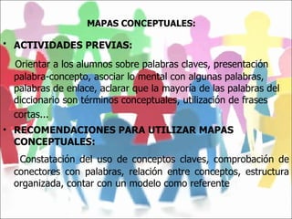 MAPAS CONCEPTUALES: ACTIVIDADES PREVIAS:   Orientar a los alumnos sobre palabras claves, presentación palabra-concepto, asociar lo mental con algunas palabras, palabras de enlace, aclarar que la mayoría de las palabras del diccionario son términos conceptuales, utilización de frases cortas...   RECOMENDACIONES PARA UTILIZAR MAPAS CONCEPTUALES: Constatación del uso de conceptos claves, comprobación de conectores con palabras, relación entre conceptos, estructura organizada, contar con un modelo como referente 
