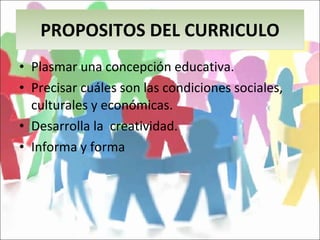 PROPOSITOS DEL CURRICULO Plasmar una concepción educativa. Precisar cuáles son las condiciones sociales, culturales y económicas. Desarrolla la  creatividad. Informa y forma 