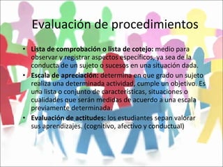 Evaluación de procedimientos Lista de comprobación o lista de cotejo:  medio para observar y registrar aspectos específicos, ya sea de la conducta de un sujeto o sucesos en una situación dada. Escala de apreciación:  determina en que grado un sujeto realiza una determinada actividad, cumple un objetivo. Es una lista o conjunto de características, situaciones o cualidades que serán medidas de acuerdo a una escala previamente determinada. Evaluación de actitudes:  los estudiantes sepan valorar sus aprendizajes. (cognitivo, afectivo y conductual) 