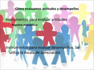 Cómo evaluamos actitudes y desempeños Instrumentos para evaluar actitudes   -  Registro anecdótico Instrumentos para evaluar desempeños. Se utiliza la escala de apreciación 