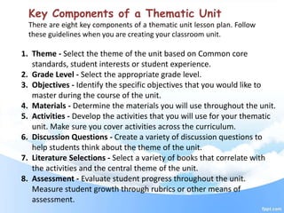 Key Components of a Thematic Unit
There are eight key components of a thematic unit lesson plan. Follow
these guidelines when you are creating your classroom unit.
1. Theme - Select the theme of the unit based on Common core
standards, student interests or student experience.
2. Grade Level - Select the appropriate grade level.
3. Objectives - Identify the specific objectives that you would like to
master during the course of the unit.
4. Materials - Determine the materials you will use throughout the unit.
5. Activities - Develop the activities that you will use for your thematic
unit. Make sure you cover activities across the curriculum.
6. Discussion Questions - Create a variety of discussion questions to
help students think about the theme of the unit.
7. Literature Selections - Select a variety of books that correlate with
the activities and the central theme of the unit.
8. Assessment - Evaluate student progress throughout the unit.
Measure student growth through rubrics or other means of
assessment.
 