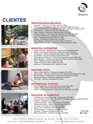 CLIENTES                                                                   INDUSTRIA METALMECÁNICA
                                                                             •   Hylsa DAV – Certificación ISO 9001:1994 (Pue 1994)
                                                                             •   Transformaciones Metálicas – Sistema de Calidad ISO 9000 (Pue 1995)
                                                                             •   Grupo Industrial Bonasa – Reingeniería (Pue 1995), Certificación ISO 9001 (2005)
                                                                             •   Grupo Spasser – Certificación ISO 9001:1994 (DF 1996)
                                                                             •   Ibayro Industrial – Sistema de Calidad ISO 9000 (Pue 1996)
                                                                             •   Fábricas Monterrey – Preauditoría de Certificación ISO 9000 (Mty 1996)
                                                                             •   Industrias y Metales Aries – Operación de la Compañía (Tlax 1999)
                                                                             •   Cicsa – Certificación ISO 9002:1994 (Pue 1999)
                                                                             •   Hemost – Certificación ISO 9002:1994 (Pue 2000)
                                                                             •   Grupo Villacero – Formación de Auditores Internos (Mty 2001)
                                                                             •   Grupo Industrial de Aceros – Certificación ISO 9001:2000 (Pue 2004)

Africam Safari - Primer Zoológico certificado en el mundo en ISO 9000

                                                                             INDUSTRIA AUTOMOTRIZ
                                                                             •   Johnson Controls – Capacitación en Liderazgo, Instructores (Pue 1999)
                                                                             •   Autotek – Formación de Instructores y Líderes de equipo (Pue 2000)
                                                                             •   Luk de México – Diseño de Experimentos Taguchi y Clásico (Pue 2000)
                                                                             •   Arvin Meritor – Formación de Equipo Directivo (Pue 2001)
                                                                             •   TRW Sistemas de Dirección – Formación de personal de Calidad (Pue 2001)
                                                                             •   Malhe Duroplast – Formación de Instructores, APQP, PPAP (Pue 2001 y 2005)
                                                                             •   Durer – Certificación ISO/TS 16949 (Pue 2002)
                                                                             •   Veritas –Introducción ISO/TS 16949 (Pue 2003)
                                                                             •   Schlemmer – Certificiación ISO/TS 16949 (Pue 2005)


OFS Puebla – Premio Innova por su modelo de administración integral
                                                                             INDUSTRIA TEXTIL
                                                                             •   Grupo Textiles Santa Fe – Planeación Estratégica (Pue 1999)
                                                                             •   Bonetera Mati – Sistema de Calidad ISO 9000 y Planeación Estratégica (Pue 1999)
                                                                             •   Blancos Nórdica – Programación y Control de la Producción (Pue 2002)
                                                                             •   Hilaturas los Angeles – Planeación Estratégica (Pue 2004)
                                                                             •   Tello Textil – Planeación Estratégica (Pue 2004)


                                                                             INDUSTRIA DEL PLÁSTICO
                                                                             •   Plásticos y Alambres – Control Integral de Procesos (Mty 1993)
                                                                             •   Plásticos Diana – Control Integral de Procesos (Pue 1995)
                                                                             •   Plásticos Técnicos Mexicanos – Certificación ISO 9002:1994 (Qro 1995)
CAPCEE – Certificación en control y pago de estimaciones de obra



                                                                             INDUSTRIA DE ALIMENTOS
                                                                             •   Centro Mexicano Libanés de Puebla – Reingeniería (Pue 1999)
                                                                             •   Productos de leche 100% Roly – Benchmark contra Sigma, Danone y Nestlé (Pue 2000)
                                                                             •   Priapasta – Reingeniería (Pue 2001)
                                                                             •   La Reyna de Puebla – Planeación Estratégica (Pue 2001)
                                                                             •   Restaurante Emiliano – Desarrollo de Franquicia (Pue 2003)
                                                                             •   Las Duyas – Desarrollo de Franquicia (Pue 2005)
                                                                             •   Bacardi y Cía – Certificación ISO 9000 (Mex 2006)
                                                                             •   Tequila Cazadores – Certificación ISO 9000 (Jal 2006)
                                                                             •   Soyamigo - Planeación Estratégica (Pue 2006)
                                                                             •   Moles Santa Mónica – Análisis de mercado (Pue 2008)
Oficialía Mayor Zacatecas – Primera dependencia en certificar en ISO



                              Calle           Fresnos                   3 5 3 5 A, C o l o n i a   las Ánimas       P u e b l a, P u e. C . P. 7 2 4 0 0.
               T e l. & F a x : ( 2 2 2 ) 2. 9 8. 7 6. 5 4 / 1. 3 0. 9 4. 3 6                                     mail: i nfo@denegocio.com.mx
                                                                                                                                                                     9
 