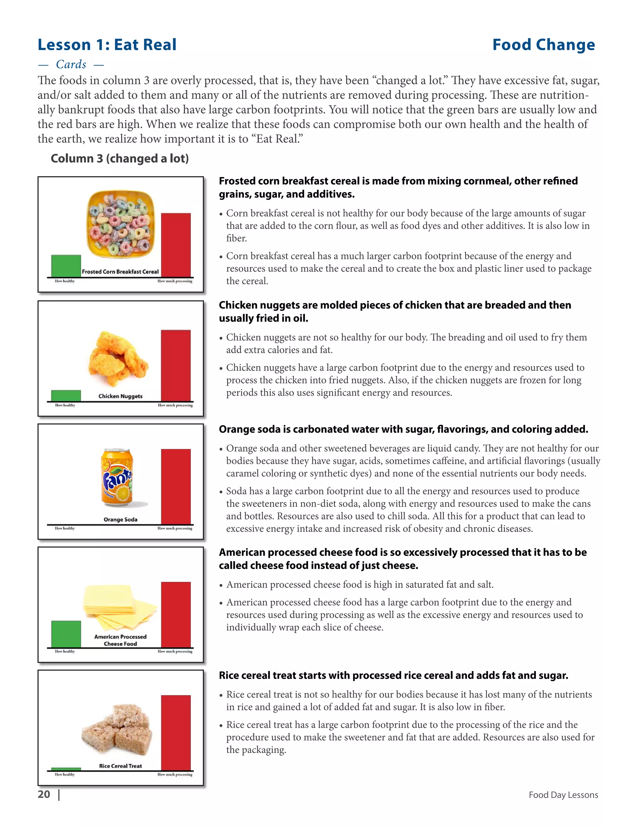 Lesson 1: Eat Real Food Change 
— Cards — 
The foods in column 3 are overly processed, that is, they have been “changed a lot.” They have excessive fat, sugar, 
and/or salt added to them and many or all of the nutrients are removed during processing. These are nutrition-ally 
bankrupt foods that also have large carbon footprints. You will notice that the green bars are usually low and 
the red bars are high. When we realize that these foods can compromise both our own health and the health of 
the earth, we realize how important it is to “Eat Real.” 
Frosted corn breakfast cereal is made from mixing cornmeal, other refined 
grains, sugar, and additives. 
• Corn breakfast cereal is not healthy for our body because of the large amounts of sugar 
that are added to the corn flour, as well as food dyes and other additives. It is also low in 
fiber. 
• Corn breakfast cereal has a much larger carbon footprint because of the energy and 
resources used to make the cereal and to create the box and plastic liner used to package 
the cereal. 
Chicken nuggets are molded pieces of chicken that are breaded and then 
usually fried in oil. 
• Chicken nuggets are not so healthy for our body. The breading and oil used to fry them 
add extra calories and fat. 
• Chicken nuggets have a large carbon footprint due to the energy and resources used to 
process the chicken into fried nuggets. Also, if the chicken nuggets are frozen for long 
periods this also uses significant energy and resources. 
Orange soda is carbonated water with sugar, flavorings, and coloring added. 
• Orange soda and other sweetened beverages are liquid candy. They are not healthy for our 
bodies because they have sugar, acids, sometimes caffeine, and artificial flavorings (usually 
caramel coloring or synthetic dyes) and none of the essential nutrients our body needs. 
• Soda has a large carbon footprint due to all the energy and resources used to produce 
the sweeteners in non-diet soda, along with energy and resources used to make the cans 
and bottles. Resources are also used to chill soda. All this for a product that can lead to 
excessive energy intake and increased risk of obesity and chronic diseases. 
American processed cheese food is so excessively processed that it has to be 
called cheese food instead of just cheese. 
• American processed cheese food is high in saturated fat and salt. 
• American processed cheese food has a large carbon footprint due to the energy and 
resources used during processing as well as the excessive energy and resources used to 
individually wrap each slice of cheese. 
Rice cereal treat starts with processed rice cereal and adds fat and sugar. 
• Rice cereal treat is not so healthy for our bodies because it has lost many of the nutrients 
in rice and gained a lot of added fat and sugar. It is also low in fiber. 
• Rice cereal treat has a large carbon footprint due to the processing of the rice and the 
procedure used to make the sweetener and fat that are added. Resources are also used for 
the packaging. 
Column 3 (changed a lot) 
20 | Food Day Lessons 
 