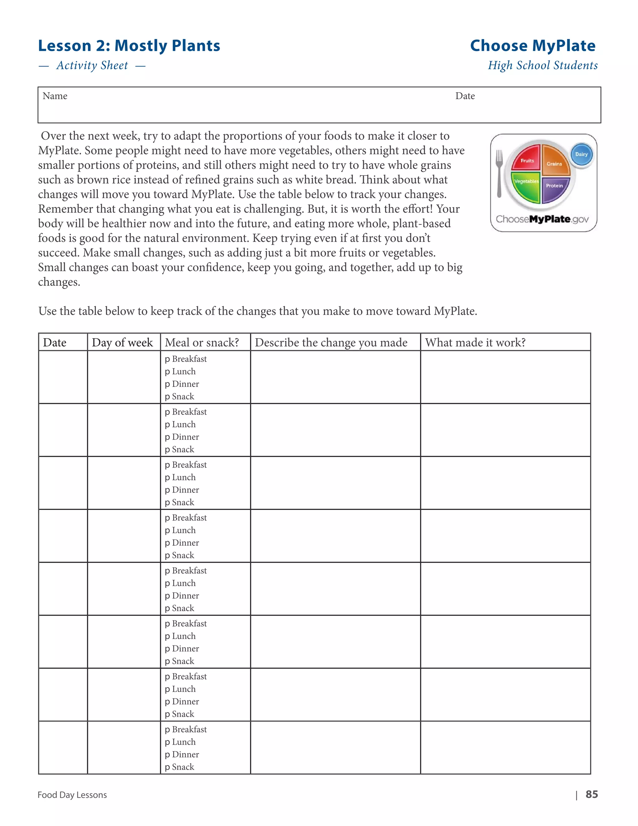 Lesson 2: Mostly Plants Choose MyPlate 
— Activity Sheet — High School Students 
Name Date 
Over the next week, try to adapt the proportions of your foods to make it closer to 
MyPlate. Some people might need to have more vegetables, others might need to have 
smaller portions of proteins, and still others might need to try to have whole grains 
such as brown rice instead of refined grains such as white bread. Think about what 
changes will move you toward MyPlate. Use the table below to track your changes. 
Remember that changing what you eat is challenging. But, it is worth the effort! Your 
body will be healthier now and into the future, and eating more whole, plant-based 
foods is good for the natural environment. Keep trying even if at first you don’t 
succeed. Make small changes, such as adding just a bit more fruits or vegetables. 
Small changes can boast your confidence, keep you going, and together, add up to big 
changes. 
Use the table below to keep track of the changes that you make to move toward MyPlate. 
Date Day of week Meal or snack? Describe the change you made What made it work? 
p Breakfast 
p Lunch 
p Dinner 
p Snack 
p Breakfast 
p Lunch 
p Dinner 
p Snack 
p Breakfast 
p Lunch 
p Dinner 
p Snack 
p Breakfast 
p Lunch 
p Dinner 
p Snack 
p Breakfast 
p Lunch 
p Dinner 
p Snack 
p Breakfast 
p Lunch 
p Dinner 
p Snack 
p Breakfast 
p Lunch 
p Dinner 
p Snack 
p Breakfast 
p Lunch 
p Dinner 
p Snack 
Food Day Lessons | 85 
 