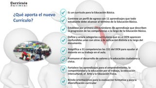 ¿Qué aporta el nuevo
Currículo?
Es un currículo para la Educación Básica.
Contiene un perfil de egreso con 11 aprendizajes que todo
estudiante debe alcanzar al término de la Educación Básica.
Establece por primera vez estándares de aprendizaje que describen
la progresión de las competencias a lo largo de la Educación Básica.
Define y aclara categorías curriculares que en el DCN aparecen
confundidas unas con otras y de aplicación distinta a lo largo del
documento.
Simplifica a 31 competencias las 151 del DCN para ayudar al
docente en su trabajo en el aula.
Promueve el desarrollo de valores y la educación ciudadana y
cívica.
Fortalece los aprendizajes para el emprendimiento, la
competitividad y la educación por el trabajo, la educación
intercultural, el Arte y la Educación Física.
Brinda orientaciones para la evaluación formativa y para la
diversificación curricular
 