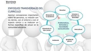 Problemáticas,
demandas y
necesidades
socioculturales
Derechos
Inclusivo o
atención a la
diversidad
Intercultural
Igualdad de
género
Ambiental
Orientación al
bien común
Búsqueda de
la excelencia
ENFOQUES TRANSVERSALES DEL
CURRICULO
Aportan concepciones importantes
sobre las personas, su relación con
los demás, con el entorno y con el
espacio común y se traducen en
formas específicas de actuar en la
comunidad educativa.
 