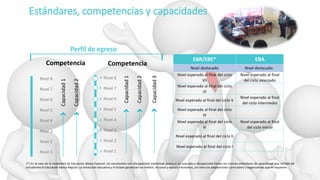 Competencia
Capacidad1
Capacidad2
Capacidad3
Perfil de egreso
Nivel 8
Nivel 7
Nivel 6
Nivel 5
Nivel 4
Nivel 3
Nivel 2
Nivel 1
EBR/EBE* EBA
Nivel destacado Nivel destacado
Nivel esperado al final del ciclo
VII
Nivel esperado al final
del ciclo avanzado
Nivel esperado al final del ciclo
VI
Nivel esperado al final del ciclo V
Nivel esperado al final
del ciclo intermedio
Nivel esperado al final del ciclo
IV
Nivel esperado al final del ciclo
III
Nivel esperado al final
del ciclo Inicial
Nivel esperado al final del ciclo II
Nivel esperado al final del ciclo I
(*) En el caso de la modalidad de Educación Básica Especial, los estudiantes con discapacidad intelectual severa o no asociada a discapacidad tienen los mismos estándares de aprendizaje que reciben los
estudiantes la Educación Básica Regular. La institución educativa y el Estado garantizan los medios, recursos y apoyos necesarios, así como las adaptaciones curriculares y organizativas que se requieren.
Estándares, competencias y capacidades
Nivel 8
Nivel 7
Nivel 6
Nivel 5
Nivel 4
Nivel 3
Nivel 2
Nivel 1
Capacidad1
Capacidad2
Competencia
 