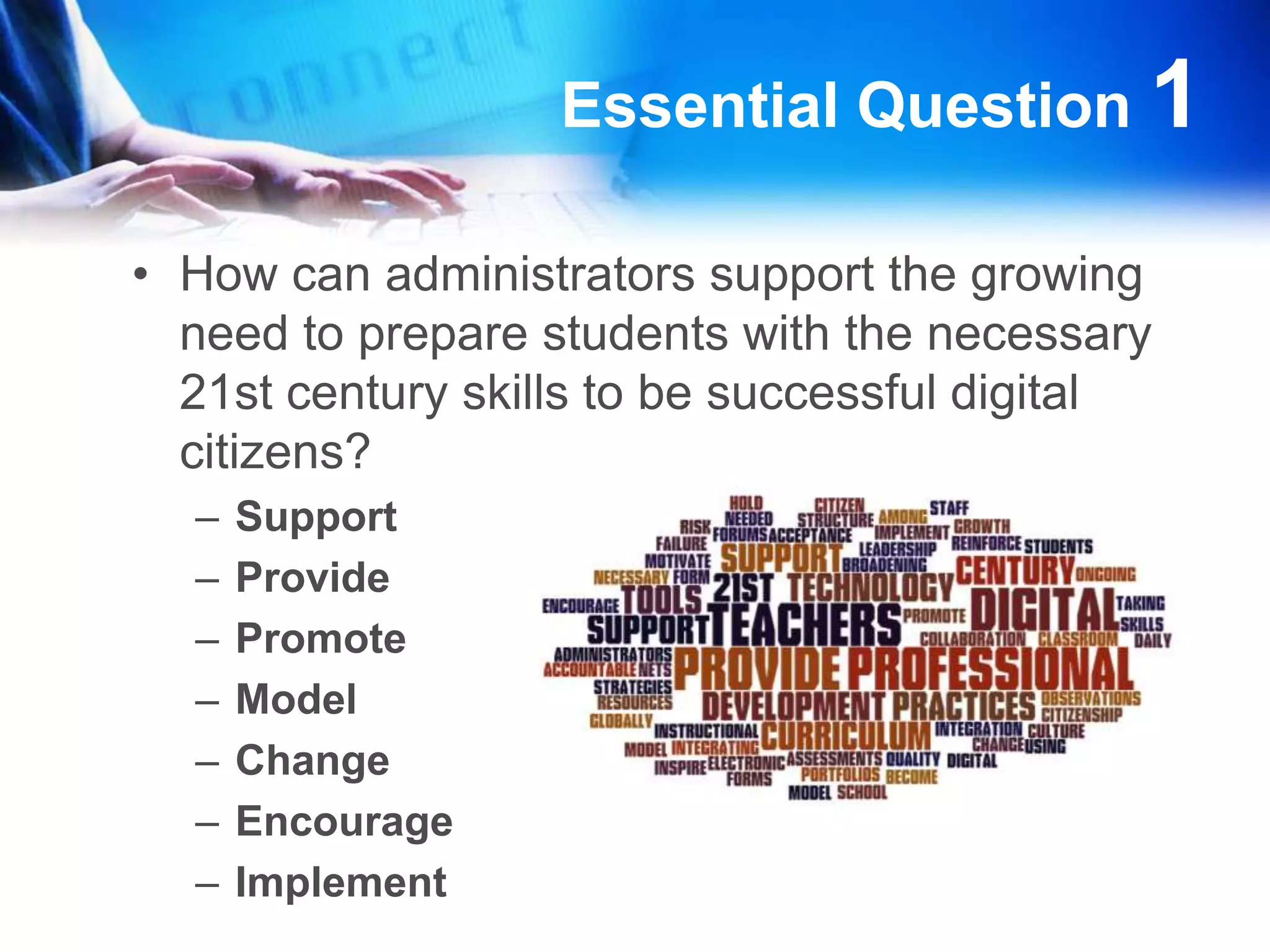 Essential Question 1How can administrators support the growing need to prepare students with the necessary 21st century skills to be successful digital citizens?SupportProvidePromoteModelChangeEncourageImplement