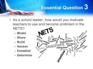 Key PointsModel best practices dailyProvide authentic blended professional development: online, face-to-face, mentoring, teacher observations…Share best classroom practices of the NETS in your school and challenge teachers to build on those successes