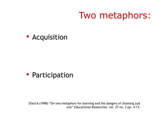 Two metaphors:

• Acquisition



• Participation


Sfard A (1998) “On two metaphors for learning and the dangers of choosing just
                         one” Educational Researcher, vol. 27 no. 2 pp. 4-13.
 