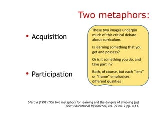 Two metaphors:
                                            These two images underpin
• Acquisition                               much of this critical debate
                                            about curriculum.
                                            Is learning something that you
                                            get and possess?
                                            Or is it something you do, and
                                            take part in?

• Participation                             Both, of course, but each “lens”
                                            or “frame” emphasises
                                            different qualities




Sfard A (1998) “On two metaphors for learning and the dangers of choosing just
                         one” Educational Researcher, vol. 27 no. 2 pp. 4-13.
 