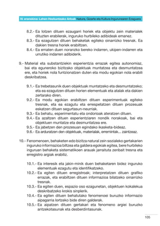 IV. eranskina: Lehen Hezkuntzako Arloak Natura, Gizarte eta Kultura Ingurunearen Ezaguera



    8.2.-  a lotzen dituen ezaugarri horiek eta objektu zein materialek
          E
          dituzten erabilerak, inguruko hurbileko adibideak emanez.
    8.3.-  a ezagutzen dituen behaketak egiteko oinarrizko tresnak. Ea
          E
          dakien tresna horiek erabiltzen.
    8.4.-  a ematen duen noranzko bereko indarren, ukipen-indarren eta
          E
          urrutiko indarren adibiderik.

9.-  aterial eta substantziekin esperientzia errazak egitea autonomiaz,
    M
    bai eta eguneroko bizitzako objektuak muntatzea eta desmuntatzea
    ere, eta horiek nola funtzionatzen duten eta modu egokian nola erabili
    deskribatzea.

    9.1.-  a trebetasunik duen objektuak muntatzeko eta desmuntatzeko;
          E
          eta ea ezagutzen dituen horien elementuak eta atalak eta dakien
          zertarako diren.
    9.2.-  a modu egokian erabiltzen dituen esperimentuak egiteko
          E
          tresnak, eta ea ezagutu eta errespetatzen dituen prozesuak
          eskatzen dituen segurtasun-neurriak.
    9.3.-  a behatu, esperimentatu eta ondorioak ateratzen dituen.
          E
    9.4.-  a azaltzen dituen esperientziaren nondik norakoak, bai eta
          E
          objektuen muntatze eta desmuntatzea ere.
    9.5.-  a jabetzen den prozesuan egindako ikasketa-bideaz.
          E
    9.6.-  a arduratzen den objektuak, materialak, erremintak... zaintzeaz.
          E

10.-  enomenoen, behaketen edo bizitza natural zein sozialeko gertakarien
     F
     inguruko informazioa biltzea eta galdera egokiak egitea, bere hurbileko
     inguruan behaketa sistematikoen arauak jarraituta zenbait tresna eta
     erregistro argiak erabiliz.

    10.1.-  a interesik eta jakin-minik duen behaketaren bidez inguruko
           E
           elementuak ezagutu eta identifikatzeko.
    10.2.-  a egiten dituen erregistroak; interpretatzen dituen grafiko
           E
           errazak, eta erabiltzen dituen informazioa bilatzeko oinarrizko
           tresnak.
    10.3.-  a egiten duen, espazio oso ezagunetan, objektuen kokalekua
           E
           deskribatzeko krokis sinplerik.
    10.4.-  a egiten dituen behatutako fenomenoei buruzko informazio
           E
           aipagarria lortzeko bide diren galderak.
    10.5.-  a aipatzen dituen gertakari eta fenomeno argiei buruzko
           E
           antzekotasunak eta desberdintasunak.

                                                                                            105
 