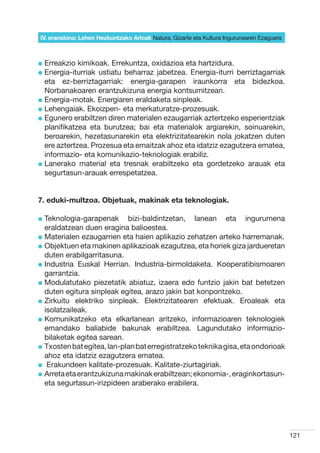 IV. eranskina: Lehen Hezkuntzako Arloak Natura, Gizarte eta Kultura Ingurunearen Ezaguera



l  rreakzio
  E          kimikoak. Errekuntza, oxidazioa eta hartzidura.
l  nergia-iturriak ustiatu beharraz jabetzea. Energia-iturri berriztagarriak
  E
  eta ez-berriztagarriak: energia-garapen iraunkorra eta bidezkoa.
  Norbanakoaren erantzukizuna energia kontsumitzean.
l  nergia-motak. Energiaren eraldaketa sinpleak.
  E
l  ehengaiak. Ekoizpen- eta merkaturatze-prozesuak.
  L
l  gunero erabiltzen diren materialen ezaugarriak aztertzeko esperientziak
  E
  planifikatzea eta burutzea; bai eta materialok argiarekin, soinuarekin,
  beroarekin, hezetasunarekin eta elektrizitatearekin nola jokatzen duten
  ere aztertzea. Prozesua eta emaitzak ahoz eta idatziz ezagutzera ematea,
  informazio- eta komunikazio-teknologiak erabiliz.
l  anerako material eta tresnak erabiltzeko eta gordetzeko arauak eta
  L
  segurtasun-arauak errespetatzea.


7. eduki-multzoa. Objetuak, makinak eta teknologiak.

l  eknologia-garapenak
  T                          bizi-baldintzetan, lanean eta ingurumena
  eraldatzean duen eragina balioestea.
l  aterialen ezaugarrien eta haien aplikazio zehatzen arteko harremanak.
  M
l  bjektuen eta makinen aplikazioak ezagutzea, eta horiek giza jardueretan
  O
  duten erabilgarritasuna.
l ndustria Euskal Herrian. Industria-birmoldaketa. Kooperatibismoaren
  I
  garrantzia.
l  odulatutako piezetatik abiatuz, izaera edo funtzio jakin bat betetzen
  M
  duten egitura sinpleak egitea, arazo jakin bat konpontzeko.
l  irkuitu elektriko sinpleak. Elektrizitatearen efektuak. Eroaleak eta
  Z
  isolatzaileak.
l  omunikatzeko eta elkarlanean aritzeko, informazioaren teknologiek
  K
  emandako baliabide bakunak erabiltzea. Lagundutako informazio-
  bilaketak egitea sarean.
l  xosten bat egitea, lan-plan bat erregistratzeko teknika gisa, eta ondorioak
  T
  ahoz eta idatziz ezagutzera ematea.
l  Erakundeen kalitate-prozesuak. Kalitate-ziurtagiriak.
l  rreta eta erantzukizuna makinak erabiltzean; ekonomia-, eraginkortasun-
  A
  eta segurtasun-irizpideen araberako erabilera.




                                                                                            121
 