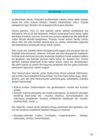 IV. eranskina: Lehen Hezkuntzako Arloak Arte Hezkuntza



erreferenteen artean. Eskolako erreferenteek irakatsi behar diete ikasleei
berak bizi diren kultura ulertzen, harekin elkarrizketan arituz, irizpide
baliagarriak egin ditzaten eta ikuspegi kritikoa gara dezaten.

Horrez gainera, inoiz ez dira bakartu behar alderdi erreflexiboa eta
ekoizpena, eta ez da bat bestearen ordezko aukeratzat hartu behar, batez
ere etapa honetan; izan ere, haurrek oso prozesu aldakorrak eta delikatuak
izaten dituzte ekoizle-zereginetan. Prozesu horiek ardura handiz zaindu
behar dira, eta urte horietan ekoizle-lana ez uzteko, beharrezko laguntza
eta bitartekotza-prozesuak eman behar zaizkie.

Hain zuzen ere, ikasleen lanen ekoizpena beti iragazi, eho eta jasan izan du
ikasleak arte-jarduerari, artearen funtzioei eta arte-ekoizpenak ikaslearen
bizitzan duen zentzuari buruzko ikuskerak. Ikuskera horrek euskarri nabaria
du gizartean, eta eskolak kontuan hartu behar du euskarri hori. Horrez
gainera, eskolak aldamioak eman behar dizkio, batez ere ekoizpenean,
eta ulertu behar du artean ere inguruko jendearen eta bizi garen kulturako
ekarpenen laguntzaz ikasten dugula.

Arte Hezkuntzaren alorrak Lehen Hezkuntzan dituen edukiak definitzeko,
eta aurreko hausnarketekin koherentzian, kontuan hartu behar dugu, lehen-
lehenik, zein den Arte Hezkuntzaren azterketa-gaia, kalitatearen irizpidea
aintzat hartuta beti:

l  ultura-ondare
  K                 tradizionalaren eta garaikidearen musika eta ikusizko
  arteak.
l kusizko kultura-ekoizpena eta musika-ekoizpena, ez bakarrik ekoizpen
  I
  artistikoa (herri-artea eta —musika, diseinua, komunikabideen eta
  informazio bitartekoen ikusizko erreferente estetikoak eta musika-
  erreferenteak, moda...).

Eta, bigarren, orekaz landu beharko ditugu pertsonok arte-gertaerei, eta,
oro har, produktu estetikoei heltzeko ditugun bi moduak:

l  koizpen-alderdia:
  E                   irudien, musikaren, mugimenduaren... bitartez,
 adieraztea, sortzea, komunikatzea...




                                                                               130
 
