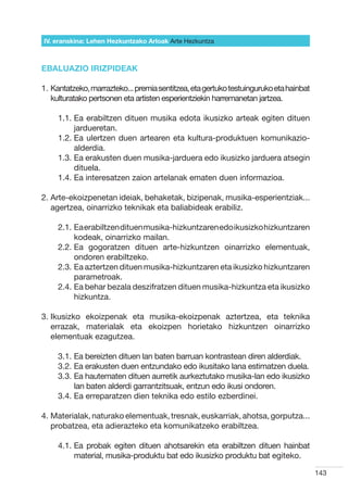 IV. eranskina: Lehen Hezkuntzako Arloak Arte Hezkuntza



EBALUAZIO IRIZPIDEAK

1.  antatzeko, marrazteko... premia sentitzea, eta gertuko testuinguruko eta hainbat
   K
   kulturatako pertsonen eta artisten esperientziekin harremanetan jartzea.

     1.1.  a erabiltzen dituen musika edota ikusizko arteak egiten dituen
          E
          jardueretan.
     1.2.  a ulertzen duen artearen eta kultura-produktuen komunikazio-
          E
          alderdia.
     1.3.  a erakusten duen musika-jarduera edo ikusizko jarduera atsegin
          E
          dituela.
     1.4.  a interesatzen zaion artelanak ematen duen informazioa.
          E

2.  rte-ekoizpenetan ideiak, behaketak, bizipenak, musika-esperientziak...
   A
   agertzea, oinarrizko teknikak eta baliabideak erabiliz.

     2.1.  a erabiltzen dituen musika-hizkuntzaren edo ikusizko hizkuntzaren
          E
          kodeak, oinarrizko mailan.
     2.2.  a gogoratzen dituen arte-hizkuntzen oinarrizko elementuak,
          E
          ondoren erabiltzeko.
     2.3.  a aztertzen dituen musika-hizkuntzaren eta ikusizko hizkuntzaren
          E
          parametroak.
     2.4.  a behar bezala deszifratzen dituen musika-hizkuntza eta ikusizko
          E
          hizkuntza.

3. kusizko ekoizpenak eta musika-ekoizpenak aztertzea, eta teknika
   I
   errazak, materialak eta ekoizpen horietako hizkuntzen oinarrizko
   elementuak ezagutzea.

     3.1.  a bereizten dituen lan baten barruan kontrastean diren alderdiak.
          E
     3.2.  a erakusten duen entzundako edo ikusitako lana estimatzen duela.
          E
     3.3.  a hautematen dituen aurretik aurkeztutako musika-lan edo ikusizko
          E
          lan baten alderdi garrantzitsuak, entzun edo ikusi ondoren.
     3.4.  a erreparatzen dien teknika edo estilo ezberdinei.
          E

4.  aterialak, naturako elementuak, tresnak, euskarriak, ahotsa, gorputza...
   M
   probatzea, eta adierazteko eta komunikatzeko erabiltzea.

     4.1.  a probak egiten dituen ahotsarekin eta erabiltzen dituen hainbat
          E
          material, musika-produktu bat edo ikusizko produktu bat egiteko.

                                                                                        143
 