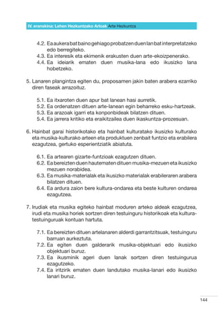 IV. eranskina: Lehen Hezkuntzako Arloak Arte Hezkuntza



    4.2.  a aukera bat baino gehiago probatzen duen lan bat interpretatzeko
         E
         edo berregiteko.
    4.3.  a interesik eta ekimenik erakusten duen arte-ekoizpenerako.
         E
    4.4.  a ideiarik ematen duen musika-lana edo ikusizko lana
         E
         hobetzeko.

5.  anaren plangintza egiten du, proposamen jakin baten arabera ezarriko
   L
   diren faseak arrazoituz.

    5.1.  a itxaroten duen apur bat lanean hasi aurretik.
         E
    5.2.  a ordenatzen dituen arte-lanean egin beharreko esku-hartzeak.
         E
    5.3.  a arazoak igarri eta konponbideak bilatzen dituen.
         E
    5.4.  a jarrera kritiko eta eraikitzailea duen ikaskuntza-prozesuan.
         E

6.  ainbat garai historikotako eta hainbat kulturatako ikusizko kulturako
   H
   eta musika-kulturako arteen eta produktuen zenbait funtzio eta erabilera
   ezagutzea, gertuko esperientziatik abiatuta.

    6.1.  a artearen gizarte-funtzioak ezagutzen dituen.
         E
    6.2.  a bereizten duen hautematen dituen musika-mezuen eta ikusizko
         E
         mezuen norabidea.
    6.3.  a musika-materialak eta ikusizko materialak erabileraren arabera
         E
         bilatzen dituen.
    6.4.  a ardura zaion bere kultura-ondarea eta beste kulturen ondarea
         E
         ezagutzea.

7. rudiak eta musika egiteko hainbat moduren arteko aldeak ezagutzea,
   I
   irudi eta musika horiek sortzen diren testuinguru historikoak eta kultura-
   testuinguruak kontuan hartuta.

    7.1.  a bereizten dituen artelanaren alderdi garrantzitsuak, testuinguru
         E
         barruan aurkeztuta.
    7.2.  a egiten duen galderarik musika-objektuari edo ikusizko
         E
         objektuari buruz.
    7.3.  a ikusminik ageri duen lanak sortzen diren testuingurua
         E
         ezagutzeko.
    7.4.  a iritzirik ematen duen landutako musika-lanari edo ikusizko
         E
         lanari buruz.



                                                                                144
 