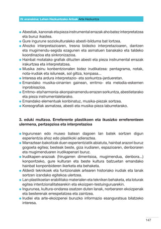 IV. eranskina: Lehen Hezkuntzako Arloak Arte Hezkuntza



l  bestiak, kanonak eta pieza instrumental errazak aho batez interpretatzea
  A
  eta buruz ikastea.
l  ure ingurune soziokulturaleko abesti-bilduma bat lortzea.
  G
l  hozko interpretazioaren, tresna bidezko interpretazioaren, dantzen
  A
  eta mugimendu-segida ezagunen eta asmatuen banakako eta taldeko
  koordinazioa eta sinkronizazioa.
l  ainbat motatako grafiak dituzten abesti eta pieza instrumental errazak
  H
  irakurtzea eta interpretatzea.
l  usika zeinu konbentzionalen bidez irudikatzea: pentagrama, notak,
  M
  nota-irudiak eta isiluneak, sol giltza, konpasa...
l nteresa eta ardura interpretazio- eta sorkuntza-jardueretan.
  I
l  mandako musika-oinarrien gainean, erritmo- eta melodia-eskemen
  E
  inprobisazioa.
l  rritmo- eta harmonia-akonpainamendu errazen sorkuntza, abestietarako
  E
  eta pieza instrumentaletarako.
l  mandako elementuak konbinatuz, musika-piezak sortzea.
  E
l  oreografiak asmatzea, abesti eta musika-pieza laburretarako.
  K


3. eduki multzoa. Erreferente plastikoen eta ikusizko erreferenteen
ulermena, pertzepzioa eta interpretazioa

l ngurunean
  I             edo museo batean dagoen lan batek sortzen digun
  esperientzia ahoz edo plastikoki adieraztea.
l  arraztean bakoitzak duen esperientziatik abiatuta, hainbat arazori buruz
  M
  gogoeta egitea; besteak beste, giza irudiaren, espazioaren, denboraren
  eta mugimenduaren irudikapenari buruz.
l rudikapen-arazoak (hirugarren dimentsioa, mugimendua, denbora...)
  I
  konpontzeko, gure kulturan eta beste kultura batzuetan emandako
  hainbat konponbideren ikerketa eta behaketa.
l  lderdi teknikoek eta funtzionalek artearen historiako irudiak eta lanak
  A
  sortzen izandako egitekoa ulertzea.
l  an plastikoetan erabilitako materialen eta tekniken behaketa, eta loturak
  L
  egitea intentzionalitatearekin eta ekoizpen-testuinguruarekin.
l ngurunea, kultura-ondarea osatzen duten lanak, norberaren ekoizpenak
  I
  eta besterenak errespetatzea eta zaintzea.
l rudiei eta arte-ekoizpenei buruzko informazio esanguratsua bilatzeko
  I
  interesa.



                                                                                147
 