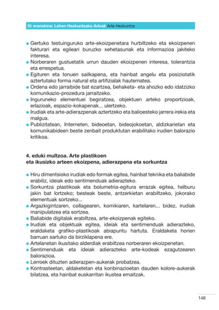 IV. eranskina: Lehen Hezkuntzako Arloak Arte Hezkuntza



l  ertuko
  G          testuinguruko arte-ekoizpenetara hurbiltzeko eta ekoizpenen
  fakturari eta egileari buruzko xehetasunak eta informazioa jakiteko
  interesa.
l  orberaren gustuetatik urrun dauden ekoizpenen interesa, tolerantzia
  N
  eta errespetua.
l  gituren eta tonuen sailkapena, eta hainbat angelu eta posiziotatik
  E
  aztertutako forma natural eta artifizialak hautematea.
l  rdena edo jarraibide bat ezartzea, behaketa- eta ahozko edo idatzizko
  O
  komunikazio-prozedura jarraitzeko.
l nguruneko elementuei begiratzea, objektuen arteko proportzioak,
  I
  erlazioak, espazio-kokapenak... ulertzeko.
l rudiak eta arte-adierazpenak aztertzeko eta balioesteko jarrera irekia eta
  I
  malgua.
l  ublizitatean, Interneten, bideoetan, bideojokoetan, aldizkarietan eta
  P
  komunikabideen beste zenbait produktutan erabilitako irudien balorazio
  kritikoa.


4. eduki multzoa. Arte plastikoen
eta ikusizko arteen ekoizpena, adierazpena eta sorkuntza

l  iru dimentsioko irudiak edo formak egitea, hainbat teknika eta baliabide
  H
  erabiliz, ideiak edo sentimenduak adierazteko.
l  orkuntza plastikoak eta bolumetria-egitura errazak egitea, helburu
  S
  jakin bat lortzeko; besteak beste, antzerkietan erabiltzeko, jokorako
  elementuak sortzeko...
l  rgazkigintzaren, collagearen, komikiaren, kartelaren... bidez, irudiak
  A
  manipulatzea eta sortzea.
l  aliabide digitalak erabiltzea, arte-ekoizpenak egiteko.
  B
l rudiak eta objektuak egitea, ideiak eta sentimenduak adierazteko,
  I
  eraldaketa grafiko-plastikoak abiapuntu hartuta. Eraldaketa horien
  barruan sartuko da birziklapena ere.
l  rtelanetan ikusitako alderdiak erabiltzea norberaren ekoizpenetan.
  A
l  entimenduak eta ideiak adierazteko arte-kodeak ezagutzearen
  S
  balorazioa.
l  erroek dituzten adierazpen-aukerak probatzea.
  L
l  ontrasteetan, aldaketetan eta konbinazioetan dauden kolore-aukerak
  K
  bilatzea, eta hainbat euskarritan ikustea emaitzak.



                                                                                148
 