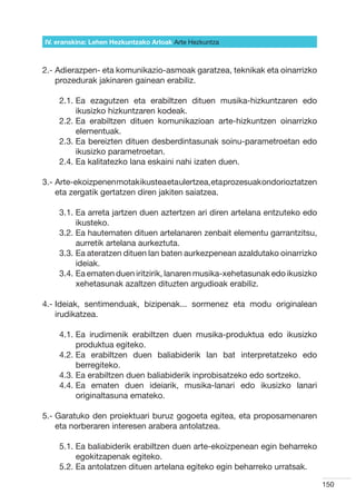 IV. eranskina: Lehen Hezkuntzako Arloak Arte Hezkuntza



2.-  dierazpen- eta komunikazio-asmoak garatzea, teknikak eta oinarrizko
    A
    prozedurak jakinaren gainean erabiliz.

    2.1.  a ezagutzen eta erabiltzen dituen musika-hizkuntzaren edo
         E
         ikusizko hizkuntzaren kodeak.
    2.2.  a erabiltzen dituen komunikazioan arte-hizkuntzen oinarrizko
         E
         elementuak.
    2.3.  a bereizten dituen desberdintasunak soinu-parametroetan edo
         E
         ikusizko parametroetan.
    2.4.  a kalitatezko lana eskaini nahi izaten duen.
         E

3.-  rte-ekoizpenen motak ikustea eta ulertzea, eta prozesuak ondorioztatzen
    A
    eta zergatik gertatzen diren jakiten saiatzea.

    3.1.  a arreta jartzen duen aztertzen ari diren artelana entzuteko edo
         E
         ikusteko.
    3.2.  a hautematen dituen artelanaren zenbait elementu garrantzitsu,
         E
         aurretik artelana aurkeztuta.
    3.3.  a ateratzen dituen lan baten aurkezpenean azaldutako oinarrizko
         E
         ideiak.
    3.4.  a ematen duen iritzirik, lanaren musika-xehetasunak edo ikusizko
         E
         xehetasunak azaltzen dituzten argudioak erabiliz.

4.- deiak, sentimenduak, bizipenak... sormenez eta modu originalean
    I
    irudikatzea.

    4.1.  a irudimenik erabiltzen duen musika-produktua edo ikusizko
         E
         produktua egiteko.
    4.2.  a erabiltzen duen baliabiderik lan bat interpretatzeko edo
         E
         berregiteko.
    4.3.  a erabiltzen duen baliabiderik inprobisatzeko edo sortzeko.
         E
    4.4.  a ematen duen ideiarik, musika-lanari edo ikusizko lanari
         E
         originaltasuna emateko.

5.-  aratuko den proiektuari buruz gogoeta egitea, eta proposamenaren
    G
    eta norberaren interesen arabera antolatzea.

    5.1.  a baliabiderik erabiltzen duen arte-ekoizpenean egin beharreko
         E
         egokitzapenak egiteko.
    5.2.  a antolatzen dituen artelana egiteko egin beharreko urratsak.
         E

                                                                                150
 
