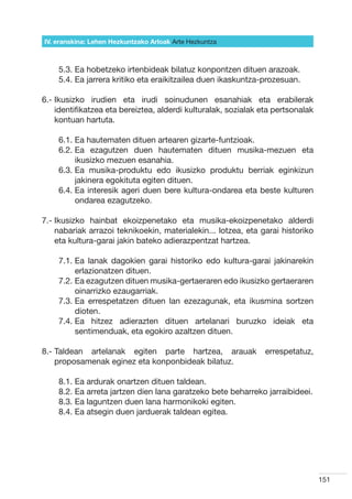 IV. eranskina: Lehen Hezkuntzako Arloak Arte Hezkuntza



    5.3.  a hobetzeko irtenbideak bilatuz konpontzen dituen arazoak.
         E
    5.4.  a jarrera kritiko eta eraikitzailea duen ikaskuntza-prozesuan.
         E

6.- kusizko irudien eta irudi soinudunen esanahiak eta erabilerak
    I
    identifikatzea eta bereiztea, alderdi kulturalak, sozialak eta pertsonalak
    kontuan hartuta.

    6.1.  a hautematen dituen artearen gizarte-funtzioak.
         E
    6.2.  a ezagutzen duen hautematen dituen musika-mezuen eta
         E
         ikusizko mezuen esanahia.
    6.3.  a musika-produktu edo ikusizko produktu berriak eginkizun
         E
         jakinera egokituta egiten dituen.
    6.4.  a interesik ageri duen bere kultura-ondarea eta beste kulturen
         E
         ondarea ezagutzeko.

7.- kusizko hainbat ekoizpenetako eta musika-ekoizpenetako alderdi
    I
    nabariak arrazoi teknikoekin, materialekin... lotzea, eta garai historiko
    eta kultura-garai jakin bateko adierazpentzat hartzea.

    7.1.  a lanak dagokien garai historiko edo kultura-garai jakinarekin
         E
         erlazionatzen dituen.
    7.2.  a ezagutzen dituen musika-gertaeraren edo ikusizko gertaeraren
         E
         oinarrizko ezaugarriak.
    7.3.  a errespetatzen dituen lan ezezagunak, eta ikusmina sortzen
         E
         dioten.
    7.4.  a hitzez adierazten dituen artelanari buruzko ideiak eta
         E
         sentimenduak, eta egokiro azaltzen dituen.

8.-  aldean artelanak egiten parte hartzea, arauak
    T                                                           errespetatuz,
    proposamenak eginez eta konponbideak bilatuz.

    8.1.  a ardurak onartzen dituen taldean.
         E
    8.2.  a arreta jartzen dien lana garatzeko bete beharreko jarraibideei.
         E
    8.3.  a laguntzen duen lana harmonikoki egiten.
         E
    8.4.  a atsegin duen jarduerak taldean egitea.
         E




                                                                                 151
 