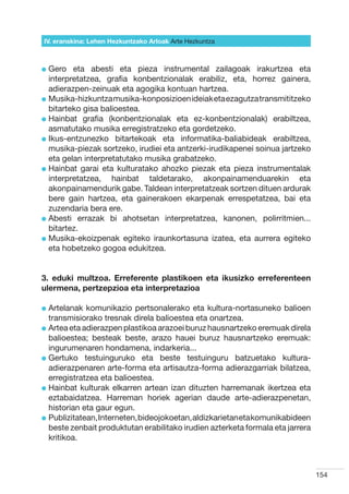 IV. eranskina: Lehen Hezkuntzako Arloak Arte Hezkuntza



l  ero
  G      eta abesti eta pieza instrumental zailagoak irakurtzea eta
  interpretatzea, grafia konbentzionalak erabiliz, eta, horrez gainera,
  adierazpen-zeinuak eta agogika kontuan hartzea.
l  usika-hizkuntza musika-konposizioen ideiak eta ezagutza transmititzeko
  M
  bitarteko gisa balioestea.
l  ainbat grafia (konbentzionalak eta ez-konbentzionalak) erabiltzea,
  H
  asmatutako musika erregistratzeko eta gordetzeko.
l kus-entzunezko bitartekoak eta informatika-baliabideak erabiltzea,
  I
  musika-piezak sortzeko, irudiei eta antzerki-irudikapenei soinua jartzeko
  eta gelan interpretatutako musika grabatzeko.
l  ainbat garai eta kulturatako ahozko piezak eta pieza instrumentalak
  H
  interpretatzea, hainbat taldetarako, akonpainamenduarekin eta
  akonpainamendurik gabe. Taldean interpretatzeak sortzen dituen ardurak
  bere gain hartzea, eta gainerakoen ekarpenak errespetatzea, bai eta
  zuzendaria bera ere.
l  besti errazak bi ahotsetan interpretatzea, kanonen, polirritmien...
  A
  bitartez.
l  usika-ekoizpenak egiteko iraunkortasuna izatea, eta aurrera egiteko
  M
  eta hobetzeko gogoa edukitzea.


3. eduki multzoa. Erreferente plastikoen eta ikusizko erreferenteen
ulermena, pertzepzioa eta interpretazioa

l  rtelanak
  A           komunikazio pertsonalerako eta kultura-nortasuneko balioen
  transmisiorako tresnak direla balioestea eta onartzea.
l  rtea eta adierazpen plastikoa arazoei buruz hausnartzeko eremuak direla
  A
  balioestea; besteak beste, arazo hauei buruz hausnartzeko eremuak:
  ingurumenaren hondamena, indarkeria...
l  ertuko testuinguruko eta beste testuinguru batzuetako kultura-
  G
  adierazpenaren arte-forma eta artisautza-forma adierazgarriak bilatzea,
  erregistratzea eta balioestea.
l  ainbat kulturak elkarren artean izan dituzten harremanak ikertzea eta
  H
  eztabaidatzea. Harreman horiek agerian daude arte-adierazpenetan,
  historian eta gaur egun.
l  ublizitatean, Interneten, bideojokoetan, aldizkarietan eta komunikabideen
  P
  beste zenbait produktutan erabilitako irudien azterketa formala eta jarrera
  kritikoa.



                                                                                154
 