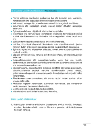 IV. eranskina: Lehen Hezkuntzako Arloak Arte Hezkuntza



l  orma
  F        irekiekin eta itxiekin probatzea, bai eta lerroekin ere, formaren,
  norabidearen eta espazioan duten kokapenaren arabera.
l  olorearen ezaugarrien eta erlazioen oinarrizko ezagutzak erabiltzea.
  K
l  olumenek eta espazioek argiak jotzean izaten dituzten aldaketak
  B
  aztertzea.
l  giturak erabiltzea, objektuak eta irudiak bereizteko.
  E
l nformazio- eta komunikazio-teknologiak erabiltzea, teknologiei buruzko
  I
  irudiak eta dokumentazioa bilatzeko, bai eta egindako lanak zabaltzeko
  ere.
l  uskarri teknologikoak erabiltzea, arte-sorkuntzarako.
  E
l  ainbat hizkuntzak (ahozkoak, ikusizkoak, entzumen-hizkuntzak...) esku
  H
  hartzen duten proiektuen plangintza egitea eta proiektuak gauzatzea.
l  giturak egitea eta espazioak aldatzea, metrikaren eta perspektibaren
  E
  nozioak erabiliz.
l  spazio errealean esku hartzea: giro berriak sortzea, lehendik daudenak
  E
  aldatzea...
l  riginaltasunerako eta naturaltasunerako joera, bai eta ideiak,
  O
  sentimenduak eta bizipenak modu pertsonal eta autonomoan islatzekoa
  ere, artelan baten sorkuntzan.
l raunkortasuna, eta pixkanaka gehiago eskatzea sorkuntza-prozesuan,
  I
  lankidetza-lanean ardurak hartzea, azterketarako uneak jartzea,
  gainerakoen ekarpenak errespetatzea eta desadostasunak argudio bidez
  konpontzea.
l  lastika-eremuaren antolaketa, eta eremu moten artean sortzen diren
  P
  loturen azterketa.
l  rtelanak egiteko norberaren aukeretan konfiantza, eta norberaren
  A
  ekoizpenak eta besterenak balioestea.
l  elako ordena eta garbitasuna balioestea.
  G
l  aterialak eta euskarriak erabiltzeko ikusmina.
  M


EBALUAZIO IRIZPIDEAK

1.-  dierazpen estetiko-artistikoko bitartekoen arteko loturak finkatzea:
    A
    musika, ikusizko arteak, dantza, literatura, poesia... Antzekotasunak
    kontuan hartzea.




                                                                                156
 