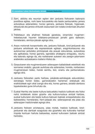 IV. eranskina: Lehen Hezkuntzako Arloak Gorputz Hezkuntza



2.  arri, aldizka eta neurrian egiten den jarduera fisikoaren balorazio
   S
   positiboa egitea, nork bere buruarekiko eta beste pertsonekiko jarrera
   arduratsua adierazteko; horrez gainera, jarduera fisikoak, higieneak,
   elikadurak eta jarrera-ohiturek osasunean zer-nolako ondorioak dituzten
   jakitea.

3.  rebetasun eta ahalmen fisikoak garatzea, oinarrizko mugimen-
   T
   trebetasunak haurren bilakaera-prozesuari jarraiki gara daitezen;
   horretarako, ekintza-jokoak egingo dira.

4.  razo motorrak konpontzeko eta, jarduera fisikoak, kirol-jarduerak eta
   A
   jarduera artistikoak eta espresiokoak egitean, eraginkortasunez eta
   autonomiaz jarduteko printzipioak eta arauak eskuratzea, aukeratzea
   eta aplikatzea; horrez gainera, egindako ahalegina erregulatu, neurtu
   eta baloratu egingo da, eta norberaren aukeren eta zeregin-jatorriaren
   araberako autoeskaera-mailara iritsiko da.

5.  orputzaren eta mugimenduaren adierazpen-baliabideak estetikoki eta
   G
   sormenez erabiliz, gauzak aurkitzea eta adieraztea; horrela, norberaren
   mugimenduen bidez, horiek sentitu, bizi, onartu eta pertsonalizatu
   egingo dira.

6.  arduera fisikoetan parte hartzea, jokabide-estrategiak eskuratzeko;
   J
   estrategia horien bidez, gainerakoekin harreman orekatuak eta
   eraikitzaileak egin ahal izango dira eta, horrez gainera, aisialdi-denbora
   topaketarako gune bihurtuko da.

7.  uskal Herriko eta beste kultura batzuetako tradizio ludikoek eta fisiko
   E
   nahiz kirolekoek duten gizarte- eta kultura-kutsua aintzat hartzea,
   euskal kulturaren eta beste kultura batzuen balioak errespetatzeko eta
   balioesteko; horretarako, herri-jolasak eta -adierazpenak eta jolas eta
   adierazpen tradizionalak egingo dira.

8.  arduera fisikoen aniztasuna, jolas motak, tradizio ludikoak, kirol-
   J
   jarduerak eta dantzak ezagutzea eta gizarteko eta kulturako hainbat
   irizpide kontuan hartuta balioestea, euskal kulturaren balioak aintzat
   hartzeko.




                                                                                169
 