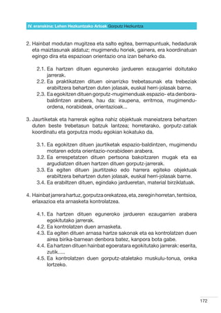 IV. eranskina: Lehen Hezkuntzako Arloak Gorputz Hezkuntza



2.  ainbat modutan mugitzea eta salto egitea, bermapuntuak, hedadurak
   H
   eta maiztasunak aldatuz; mugimendu horiek, gainera, era koordinatuan
   egingo dira eta espazioan orientazio ona izan beharko da.

    2.1.  a hartzen dituen eguneroko jardueren ezaugarriei doitutako
         E
         jarrerak.
    2.2.  a praktikatzen dituen oinarrizko trebetasunak eta trebeziak
         E
         erabiltzera behartzen duten jolasak, euskal herri-jolasak barne.
    2.3.  a egokitzen dituen gorputz-mugimenduak espazio- eta denbora-
         E
         baldintzen arabera, hau da: iraupena, erritmoa, mugimendu-
         ordena, norabideak, orientazioak...

3.  aurtiketak eta harrerak egitea nahiz objektuak maneiatzera behartzen
   J
   duten beste trebetasun batzuk lantzea; horretarako, gorputz-zatiak
   koordinatu eta gorputza modu egokian kokatuko da.

    3.1.  a egokitzen dituen jaurtiketak espazio-baldintzen, mugimendu
         E
         motaren edota orientazio-norabideen arabera.
    3.2.  a errespetatzen dituen pertsona bakoitzaren mugak eta ea
         E
         argudiatzen dituen hartzen dituen gorputz-jarrerak.
    3.3.  a egiten dituen jaurtitzeko edo harrera egiteko objektuak
         E
         erabiltzera behartzen duten jolasak, euskal herri-jolasak barne.
    3.4.  a erabiltzen dituen, egindako jardueretan, material birziklatuak.
         E

4.  ainbat jarrera hartuz, gorputza orekatzea, eta, zeregin horretan, tentsioa,
   H
   erlaxazioa eta arnasketa kontrolatzea.

    4.1.  a hartzen dituen eguneroko jardueren ezaugarrien arabera
         E
         egokitutako jarrerak.
    4.2.  a kontrolatzen duen arnasketa.
         E
    4.3.  a egiten dituen arnasa hartze sakonak eta ea kontrolatzen duen
         E
         airea birika-barnean denbora batez, kanpora bota gabe.
    4.4.  a hartzen dituen hainbat egoeratara egokitutako jarrerak: eserita,
         E
         zutik.....
    4.5.  a kontrolatzen duen gorputz-ataletako muskulu-tonua, oreka
         E
         lortzeko.




                                                                                   172
 