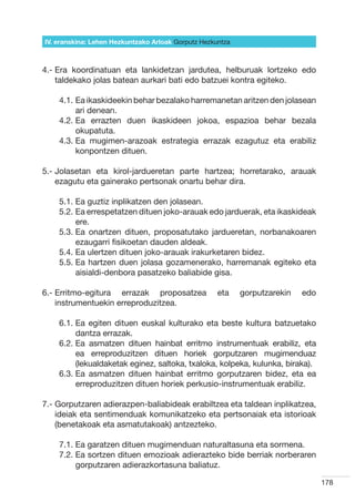 IV. eranskina: Lehen Hezkuntzako Arloak Gorputz Hezkuntza



4.-  ra koordinatuan eta lankidetzan jardutea, helburuak lortzeko edo
    E
    taldekako jolas batean aurkari bati edo batzuei kontra egiteko.

    4.1.  a ikaskideekin behar bezalako harremanetan aritzen den jolasean
         E
         ari denean.
    4.2.  a errazten duen ikaskideen jokoa, espazioa behar bezala
         E
         okupatuta.
    4.3.  a mugimen-arazoak estrategia errazak ezagutuz eta erabiliz
         E
         konpontzen dituen.

5.-  olasetan eta kirol-jardueretan parte hartzea; horretarako, arauak
    J
    ezagutu eta gainerako pertsonak onartu behar dira.

    5.1.  a guztiz inplikatzen den jolasean.
         E
    5.2.  a errespetatzen dituen joko-arauak edo jarduerak, eta ikaskideak
         E
         ere.
    5.3.  a onartzen dituen, proposatutako jardueretan, norbanakoaren
         E
         ezaugarri fisikoetan dauden aldeak.
    5.4.  a ulertzen dituen joko-arauak irakurketaren bidez.
         E
    5.5.  a hartzen duen jolasa gozamenerako, harremanak egiteko eta
         E
         aisialdi-denbora pasatzeko baliabide gisa.

6.-  rritmo-egitura errazak proposatzea
    E                                                eta    gorputzarekin   edo
    instrumentuekin erreproduzitzea.

    6.1.  a egiten dituen euskal kulturako eta beste kultura batzuetako
         E
         dantza errazak.
    6.2.  a asmatzen dituen hainbat erritmo instrumentuak erabiliz, eta
         E
         ea erreproduzitzen dituen horiek gorputzaren mugimenduaz
         (lekualdaketak eginez, saltoka, txaloka, kolpeka, kulunka, biraka).
    6.3.  a asmatzen dituen hainbat erritmo gorputzaren bidez, eta ea
         E
         erreproduzitzen dituen horiek perkusio-instrumentuak erabiliz.

7.-  orputzaren adierazpen-baliabideak erabiltzea eta taldean inplikatzea,
    G
    ideiak eta sentimenduak komunikatzeko eta pertsonaiak eta istorioak
    (benetakoak eta asmatutakoak) antzezteko.

    7.1.  a garatzen dituen mugimenduan naturaltasuna eta sormena.
         E
    7.2.  a sortzen dituen emozioak adierazteko bide berriak norberaren
         E
         gorputzaren adierazkortasuna baliatuz.

                                                                                  178
 