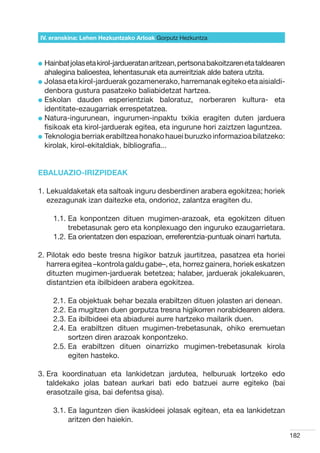 IV. eranskina: Lehen Hezkuntzako Arloak Gorputz Hezkuntza



l  ainbat jolas eta kirol-jardueratan aritzean, pertsona bakoitzaren eta taldearen
  H
  ahalegina balioestea, lehentasunak eta aurreiritziak alde batera utzita.
l  olasa eta kirol-jarduerak gozamenerako, harremanak egiteko eta aisialdi-
  J
  denbora gustura pasatzeko baliabidetzat hartzea.
l  skolan dauden esperientziak baloratuz, norberaren kultura- eta
  E
  identitate-ezaugarriak errespetatzea.
l  atura-ingurunean, ingurumen-inpaktu txikia eragiten duten jarduera
  N
  fisikoak eta kirol-jarduerak egitea, eta ingurune hori zaiztzen laguntzea.
l  eknologia berriak erabiltzea honako hauei buruzko informazioa bilatzeko:
  T
  kirolak, kirol-ekitaldiak, bibliografia...


EBALUAZIO-IRIZPIDEAK

1.  ekualdaketak eta saltoak inguru desberdinen arabera egokitzea; horiek
   L
   ezezagunak izan daitezke eta, ondorioz, zalantza eragiten du.

     1.1.  a konpontzen dituen mugimen-arazoak, eta egokitzen dituen
          E
          trebetasunak gero eta konplexuago den inguruko ezaugarrietara.
     1.2.  a orientatzen den espazioan, erreferentzia-puntuak oinarri hartuta.
          E

2.  ilotak edo beste tresna higikor batzuk jaurtitzea, pasatzea eta horiei
   P
   harrera egitea –kontrola galdu gabe–, eta, horrez gainera, horiek eskatzen
   dituzten mugimen-jarduerak betetzea; halaber, jarduerak jokalekuaren,
   distantzien eta ibilbideen arabera egokitzea.

     2.1.  a objektuak behar bezala erabiltzen dituen jolasten ari denean.
          E
     2.2.  a mugitzen duen gorputza tresna higikorren norabidearen aldera.
          E
     2.3.  a ibilbideei eta abiadurei aurre hartzeko mailarik duen.
          E
     2.4.  a erabiltzen dituen mugimen-trebetasunak, ohiko eremuetan
          E
          sortzen diren arazoak konpontzeko.
     2.5.  a erabiltzen dituen oinarrizko mugimen-trebetasunak kirola
          E
          egiten hasteko.

3.  ra koordinatuan eta lankidetzan jardutea, helburuak lortzeko edo
   E
   taldekako jolas batean aurkari bati edo batzuei aurre egiteko (bai
   erasotzaile gisa, bai defentsa gisa).

     3.1.  a laguntzen dien ikaskideei jolasak egitean, eta ea lankidetzan
          E
          aritzen den haiekin.

                                                                                      182
 