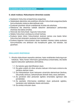 IV. eranskina: Lehen Hezkuntzako Arloak Hizkuntzak



5. eduki multzoa. Hizkuntzaren dimentsio soziala

l kaslearen
  I          hizkuntza-errepertorioa ezagutzea.
l  elakideek dakizkiten eta erabiltzen dituzten hizkuntzak ezagutzea (baita
  G
  komunikatzeko sistema alternatiboak ere).
l  uskarak gizartean dituen erabilpenak ikustea eta aitortzea.
  E
l  lebiduna eta eleanitza izateak dakarren aberastasun pertsonalaz
  E
  ohartzea eta balioa ematea.
l  iztunak eta hizkuntzak: inguruko hizkuntzak
  H
l  elako hizkuntzen aniztasuna ontzat hartzea.
  G
l  uskara beren lehen hizkuntzatzat dutenen jarrera ona beste lehen
  E
  hizkuntza bat dutenekin euskaraz komunikatzeko.
l  uskara bigarren hizkuntzatzat duten ikasleek interesa izatea euskaraz
  E
  komunikatzeko era aktiboan eta konplexurik gabe, bai eskolan, bai
  gizartean.



EBALUAZIO IRIZPIDEAK

1.-  hozko diskurtsoen esanahia ulertzea, haien erabilerako testuinguruan
    A
    kokatuta. Testu horien informazio garrantzitsua antzematea, eta beste
    egoera batzuetan aplikatzea ulertutakoa.

    1.1.  a testuko gaia identifikatzen duen.
         E
    1.2.  a gelan erabili ohi diren ahozko testuen informazio orokorra eta
         E
         zehatza ulertzen duen.
    1.3.  a interpretatzen duen testuaren oinarrizko elementuen (lexikoa,
         E
         lokuzioak) zentzua, beharrezkoak direnak testu osoa ulertzeko.
    1.4.  a jarraitzen dien jarduerak egiteko emandako aginduei edo
         E
         jarraibideei.
    1.5.  a jasotako informazioa erabiltzen duen jarduerak egiteko,
         E
         banakako edo taldekako ikaste-ekintzetan.
    1.6.  a arretaz entzuten duen.
         E




                                                                               201
 