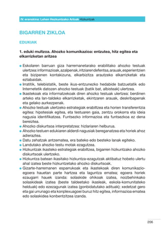 IV. eranskina: Lehen Hezkuntzako Arloak Hizkuntzak



BIGARREN ZIKLOA
EDUKIAK

1. eduki multzoa. Ahozko komunikazioa: entzutea, hitz egitea eta
elkarrizketan aritzea

l  skolaren
  E             barruan giza harremanetarako erabilitako ahozko testuak
  ulertzea: informazioak, azalpenak, iritziaren defentsa, arauak, esperientzien
  eta bizipenen kontakizuna, elkarbizitza arautzeko elkarrizketak eta
  eztabaidak.
l rratitik, telebistatik, beste ikus-entzunezko hedabide batzuetatik edo
  I
  Internetetik datozen ahozko testuak (batik bat, albisteak) ulertzea.
l kastekoak eta informatzekoak diren ahozko testuak ulertzea: berdinen
  I
  arteko eta lan-taldeko elkarrizketak, ekintzaren arauak, deskribapenak
  eta gelako aurkezpenak.
l  hozko testuak ulertzeko estrategiak erabiltzea eta horien transferentzia
  A
  egitea: hipotesiak egitea, eta testuaren gaia, zentzu orokorra eta ideia
  nagusia identifikatzea. Funtsezko informazioa eta funtsezkoa ez dena
  bereiztea.
l  hozko diskurtsoa interpretatzea: hizlariaren helburua.
  A
l  hozko testuen edukiaren alderdi nagusiak bereganatzea eta horiek ahoz
  A
  adieraztea.
l  atu zehatzak antzematea, era bateko edo besteko lanak egiteko.
  D
l  andutako ahozko testu motak ezagutzea.
  L
l  izkuntzak ikasteko estrategiak erabiltzea, bigarren hizkuntzako ahozko
  H
  diskurtsoak ulertzeko.
l  izkuntza batean ikasitako hizkuntza-ezagutzak aktibatuz hobeto ulertu
  H
  ahal izatea beste hizkuntzetako ahozko diskurtsoak.
l  izarte-harremanen esparrukoak eta ikastekoak diren komunikazio-
  G
  egoera hauetan parte hartzea eta laguntza ematea; egoera horiek
  ezaugarri hauek izanda: solaskide ohikoak izatea, noizbehinkako
  solaskideak izatea (beste taldeetako ikasleak, eskola-komunitateko
  helduak) edo ezezagunak izatea (gonbidatutako adituak); xedetzat gero
  eta gai urrunago eta konplexuagoei buruz hitz egitea, informazioa ematea
  edo solaskidea konbentzitzea izanda.




                                                                                  206
 