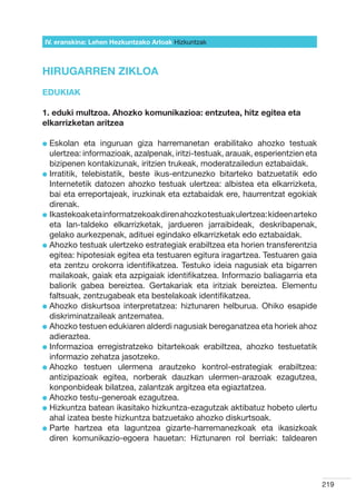 IV. eranskina: Lehen Hezkuntzako Arloak Hizkuntzak



HIRUGARREN ZIKLOA
EDUKIAK

1. eduki multzoa. Ahozko komunikazioa: entzutea, hitz egitea eta
elkarrizketan aritzea

l  skolan
  E           eta inguruan giza harremanetan erabilitako ahozko testuak
  ulertzea: informazioak, azalpenak, iritzi-testuak, arauak, esperientzien eta
  bizipenen kontakizunak, iritzien trukeak, moderatzailedun eztabaidak.
l rratitik, telebistatik, beste ikus-entzunezko bitarteko batzuetatik edo
  I
  Internetetik datozen ahozko testuak ulertzea: albistea eta elkarrizketa,
  bai eta erreportajeak, iruzkinak eta eztabaidak ere, haurrentzat egokiak
  direnak.
l kastekoak eta informatzekoak diren ahozko testuak ulertzea: kideen arteko
  I
  eta lan-taldeko elkarrizketak, jardueren jarraibideak, deskribapenak,
  gelako aurkezpenak, adituei egindako elkarrizketak edo eztabaidak.
l  hozko testuak ulertzeko estrategiak erabiltzea eta horien transferentzia
  A
  egitea: hipotesiak egitea eta testuaren egitura iragartzea. Testuaren gaia
  eta zentzu orokorra identifikatzea. Testuko ideia nagusiak eta bigarren
  mailakoak, gaiak eta azpigaiak identifikatzea. Informazio baliagarria eta
  baliorik gabea bereiztea. Gertakariak eta iritziak bereiztea. Elementu
  faltsuak, zentzugabeak eta bestelakoak identifikatzea.
l  hozko diskurtsoa interpretatzea: hiztunaren helburua. Ohiko esapide
  A
  diskriminatzaileak antzematea.
l  hozko testuen edukiaren alderdi nagusiak bereganatzea eta horiek ahoz
  A
  adieraztea.
l nformazioa erregistratzeko bitartekoak erabiltzea, ahozko testuetatik
  I
  informazio zehatza jasotzeko.
l  hozko testuen ulermena arautzeko kontrol-estrategiak erabiltzea:
  A
  antizipazioak egitea, norberak dauzkan ulermen-arazoak ezagutzea,
  konponbideak bilatzea, zalantzak argitzea eta egiaztatzea.
l  hozko testu-generoak ezagutzea.
  A
l  izkuntza batean ikasitako hizkuntza-ezagutzak aktibatuz hobeto ulertu
  H
  ahal izatea beste hizkuntza batzuetako ahozko diskurtsoak.
l  arte hartzea eta laguntzea gizarte-harremanezkoak eta ikasizkoak
  P
  diren komunikazio-egoera hauetan: Hiztunaren rol berriak: taldearen




                                                                                 219
 