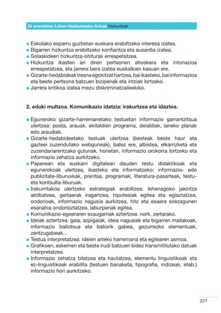 IV. eranskina: Lehen Hezkuntzako Arloak Hizkuntzak



l  skolako
  E          esparru guztietan euskara erabiltzeko interesa izatea.
l  igarren hizkuntza erabiltzeko konfiantza eta ausardia izatea.
  B
l  olaskideen hizkuntza-ohiturak errespetatzea.
  S
l  izkuntza ikasten ari diren pertsonen ahoskera eta intonazioa
  H
  errespetatzea, eta jarrera bera izatea euskalkien kasuan ere.
l  izarte-hedabideak tresna egokitzat hartzea, bai ikasteko, bai informazioa
  G
  eta beste pertsona batzuen bizipenak eta iritziak lortzeko.
l  arrera kritikoa izatea mezu diskriminatzaileekiko.
  J


2. eduki multzoa. Komunikazio idatzia: irakurtzea eta idaztea.

l  guneroko
  E             gizarte-harremanetako testuetan informazio garrantzitsua
  ulertzea: posta, arauak, ekitaldien programa, deialdiak, laneko planak
  edo araudiak.
l  izarte-hedabideetako testuak ulertzea (besteak beste haur eta
  G
  gazteei zuzendutako webguneak), batez ere, albistea, elkarrizketa eta
  zuzendariarentzako gutunak, horietan, informazio orokorra lortzeko eta
  informazio zehatza aurkitzeko.
l  aperean eta euskarri digitalean dauden testu didaktikoak eta
  P
  egunerokoak ulertzea, ikasteko eta informatzeko: informazio- edo
  publizitate-liburuxkak, prentsa, programak, literatura-pasarteak, testu-
  eta kontsulta-liburuak.
l rakurritakoa ulertzeko estrategiak erabiltzea: lehenagoko jakintza
  I
  aktibatzea, gertaerak iragartzea, hipotesiak egitea eta egiaztatzea,
  ondorioak, informazio nagusia aurkitzea, hitz eta esaera ezezagunen
  esanahia ondorioztatzea, laburpenak egitea.
l  omunikazio-egoeraren ezaugarriak aztertzea: nork, zertarako.
  K
l deiak aztertzea: gaia, azpigaiak, ideia nagusiak eta bigarren mailakoak,
  I
  informazio baliotsua eta baliorik gabea, gezurrezko elementuak,
  zentzugabeak...
l  estua interpretatzea: ideien arteko harremana eta egilearen asmoa.
  T
l  rafikoen, eskemen eta beste irudi batzuen bidez transmititutako datuak
  G
  interpretatzea.
l nformazio zehatza bilatzea eta hautatzea, elementu linguistikoak eta
  I
  ez-linguistikoak erabilita (testuen banaketa, tipografia, indizeak, etab.)
  informazio hori aurkitzeko.




                                                                                221
 