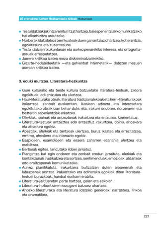 IV. eranskina: Lehen Hezkuntzako Arloak Hizkuntzak



l  estu idatziak jakintzaren iturritzat hartzea, bai esperientziak komunikatzeko
  T
  bai elkarbizitza arautzeko.
l  orberak idatzitakoa berrikusteak duen garrantziaz ohartzea: koherentzia,
  N
  egokitasuna eta zuzentasuna.
l  estu idatzien txukuntasun eta aurkezpenarekiko interesa, eta ortografia-
  T
  arauak errespetatzea.
l  arrera kritikoa izatea mezu diskriminatzaileekiko.
  J
l  izarte-hedabideetatik —eta gehienbat Internetetik— datozen mezuen
  G
  aurrean kritikoa izatea.


3. eduki multzoa. Literatura-hezkuntza

l  ure
  G      kulturako eta beste kultura batzuetako literatura-testuak, ziklora
  egokituak, adi entzutea eta ulertzea.
l  aur-literaturako obrak, literatura tradizionalekoak eta herri-literaturakoak
  H
  irakurtzea, zenbait euskarritan. Ikasleen adinera eta interesetara
  egokitutako obrak izan behar dute, eta, irakurri ondoren, norberaren eta
  besteren esperientziak erkatzea.
l  lerkiak, ipuinak eta antzezlanak irakurtzea eta entzutea, komentatuz.
  O
l  iteratura-testuak antzeztea edo antzeztuz irakurtzea, doinu, ahoskera
  L
  eta abiadura egokiz.
l  bestiak, olerkiak eta bertsoak ulertzea, buruz ikastea eta errezitatzea,
  A
  erritmo, ahoskera eta intonazio egokiz.
l  sapideen, esamoldeen eta esaera zaharren esanahia ulertzea eta
  E
  erabiltzea.
l  ertsoak egitea, landutako ildoei jarraituz.
  B
l  langintza bat egin ondoren eta zenbait ereduri jarraituta, olerkiak eta
  P
  kontakizunak irudikatzea eta sortzea, sentimenduak, emozioak, aldarteak
  edo oroitzapenak komunikatzeko.
l  urrez planifikatuta, irakurtzera bultzatzen duten aipamenak eta
  A
  laburpenak sortzea, irakurritako eta adinerako egokiak diren literatura-
  testuei buruzkoak, hainbat euskarri erabiliz.
l  iteratura-jardueretan parte hartzea, gelan eta eskolan.  
  L
l  iteratura-hizkuntzaren ezaugarri batzuez ohartzea.
  L
l  hozko literaturako eta literatura idatziko generoak: narratiboa, lirikoa
  A
  eta dramatikoa.




                                                                                    223
 