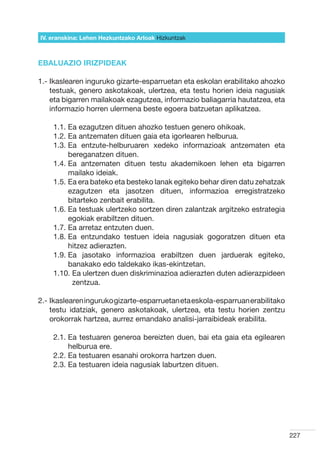 IV. eranskina: Lehen Hezkuntzako Arloak Hizkuntzak



EBALUAZIO IRIZPIDEAK

1.- kaslearen inguruko gizarte-esparruetan eta eskolan erabilitako ahozko
    I
    testuak, genero askotakoak, ulertzea, eta testu horien ideia nagusiak
    eta bigarren mailakoak ezagutzea, informazio baliagarria hautatzea, eta
    informazio horren ulermena beste egoera batzuetan aplikatzea.

    1.1.  a ezagutzen dituen ahozko testuen genero ohikoak.
         E
    1.2.  a antzematen dituen gaia eta igorlearen helburua.
         E
    1.3.  a entzute-helburuaren xedeko informazioak antzematen eta
         E
         bereganatzen dituen.
    1.4.  a antzematen dituen testu akademikoen lehen eta bigarren
         E
         mailako ideiak.
    1.5.  a era bateko eta besteko lanak egiteko behar diren datu zehatzak
         E
         ezagutzen eta jasotzen dituen, informazioa erregistratzeko
         bitarteko zenbait erabilita.
    1.6.  a testuak ulertzeko sortzen diren zalantzak argitzeko estrategia
         E
         egokiak erabiltzen dituen.
    1.7.  a arretaz entzuten duen.
         E
    1.8.  a entzundako testuen ideia nagusiak gogoratzen dituen eta
         E
         hitzez adierazten.
    1.9.  a jasotako informazioa erabiltzen duen jarduerak egiteko,
         E
         banakako edo taldekako ikas-ekintzetan.
    1.10.  a ulertzen duen diskriminazioa adierazten duten adierazpideen
           E
           zentzua.

2.- kaslearen inguruko gizarte-esparruetan eta eskola-esparruan erabilitako
    I
    testu idatziak, genero askotakoak, ulertzea, eta testu horien zentzu
    orokorrak hartzea, aurrez emandako analisi-jarraibideak erabilita.

    2.1.  a testuaren generoa bereizten duen, bai eta gaia eta egilearen
         E
         helburua ere.
    2.2.  a testuaren esanahi orokorra hartzen duen.
         E
    2.3.  a testuaren ideia nagusiak laburtzen dituen.
         E




                                                                               227
 