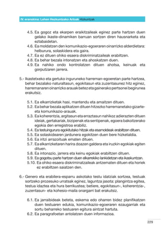 IV. eranskina: Lehen Hezkuntzako Arloak Hizkuntzak



    4.5.  a gogoz eta ekarpen eraikitzaileak eginez parte hartzen duen
         E
         gelako ikaste-dinamiken barruan sortzen diren hausnarketa eta
         eztabaidetan.
    4.6.  a moldatzen den komunikazio-egoeraren oinarrizko alderdietara:
         E
         helburura, solaskidera eta gaira.
    4.7.  a ez dituen ohiko esaera diskriminatzaileak erabiltzen.
         E
    4.8.  a behar bezala intonatzen eta ahoskatzen duen.
         E
    4.9.  a nahiko ondo kontrolatzen dituen ahotsa, keinuak eta
         E
         gorputzaren jarrera.

5.- kastetxeko eta gertuko inguruneko harreman-egoeretan parte hartzea,
    I
    behar bezalako naturaltasun, egokitasun eta zuzentasunez hitz eginez,
    harremanaren oinarrizko arauak betez eta gainerako pertsonei begirunea
    erakutsiz.

    5.1.  a elkarrizketak hasi, mantendu eta amaitzen dituen.
         E
    5.2.  a behar bezala aplikatzen dituen hitzezko harremanetako gizarte-
         E
         eta komunikazio-arauak.
    5.3.  a koherentzia, argitasun eta erraztasun nahikoz adierazten dituen
         E
         ideiak, gertakariak, bizipenak eta sentipenak, egoera bakoitzerako
         egokia den erregistroa erabiliz.
    5.4.  a testuingurura egokitutako hitzak eta esamoldeak erabiltzen dituen.
         E
    5.5.  a solaskidearen jardunera egokitzen duen bere hizketaldia.
         E
    5.6.  a iritzi arrazoituak ematen dituen.
         E
    5.7.  a elkarrizketaren harira doazen galdera eta iruzkin egokiak egiten
         E
         dituen.
    5.8.  a intonazio, jarrera eta keinu egokiak erabiltzen dituen.
         E
    5.9.  a gogotsu parte hartzen duen elkarrekiko lankidetzan eta ikaskuntzan.
         E
    5.10.  a ohiko esaera diskriminatzaileak antzematen dituen eta horiek
           E
           ez erabiltzen saiatzen den.

6.-  enero eta erabilera-esparru askotako testu idatziak sortzea, testuak
    G
    sortzeko prozesuko urratsak eginez, laguntza jasota: plangintza egitea,
    testua idaztea eta hura berrikustea; betiere, egokitasun-, koherentzia-,
    zuzentasun- eta kohesio-maila onargarri bat erakutsiz.

    6.1.  a jarraibideak beteta, eskema edo oharren bidez planifikatzen
         E
         duen testuaren edukia, komunikazio-egoeraren ezaugarriak eta
         sortu beharreko testuaren egitura aintzat hartuta.
    6.2.  a paragrafoetan antolatzen duen informazioa.
         E

                                                                                   229
 