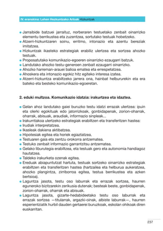 IV. eranskina: Lehen Hezkuntzako Arloak Hizkuntzak



l  arraibide
  J            batzuei jarraituz, norberaren testuetako zenbait oinarrizko
  elementu berrikustea eta zuzentzea, sortutako testuak hobetzeko.
l  tzerri-hizkuntzaren soinu, erritmo, intonazio eta azentu bereziak
  A
  imitatzea.
l  izkuntzak ikasteko estrategiak erabiliz ulertzea eta sortzea ahozko
  H
  testuak.
l  roposatutako komunikazio-egoeren oinarrizko ezaugarri batzuk.
  P
l  andutako ahozko testu-generoen zenbait ezaugarri oinarrizko.
  L
l  hozko harreman-arauei balioa ematea eta errespetatzea.
  A
l  hoskera eta intonazio egokiz hitz egiteko interesa izatea.
  A
l  tzerri-hizkuntza erabiltzeko jarrera ona, hainbat helbururekin eta era
  A
  bateko eta besteko komunikazio-egoeretan.


2. eduki multzoa. Komunikazio idatzia: irakurtzea eta idaztea.

l  elan
  G      ahoz landutako gaiei buruzko testu idatzi errazak ulertzea: ipuin
  eta olerki egokituak edo jatorrizkoak, gonbidapenak, zorion-oharrak,
  oharrak, abisuak, araudiak, informazio sinpleak...
l rakurritakoa ulertzeko estrategiak erabiltzen eta transferitzen hastea:
  I
l rudiak interpretatzea.
  I
l kasleak dakiena aktibatzea.
  I
l  ipotesiak egitea eta horiek egiaztatzea.
  H
l  estuaren gaia eta zentzu orokorra antzematea.
  T
l  estuko zenbait informazio garrantzitsu antzematea.
  T
l  elako liburutegia erabiltzea, eta testuak gero eta autonomia handiagoz
  G
  hautatzea.
l  aldeko irakurketa ozenak egitea.
  T
l  reduak abiapuntutzat hartuta, testuak sortzeko oinarrizko estrategiak
  E
  erabiltzen eta transferitzen hastea (hartzailea eta helburua aukeratzea,
  ahozko plangintza, zirriborroa egitea, testua berrikustea eta azken
  bertsioa).
l  aguntza jasota, testu oso laburrak eta errazak sortzea, haurren
  L
  eguneroko bizitzarekin zerikusia dutenak; besteak beste, gonbidapenak,
  zorion-oharrak, oharrak eta abisuak.
l  aguntza jasota, gizarte-hedabideetako testu oso laburrak eta
  L
  errazak sortzea —titularrak, argazki-oinak, albiste laburrak—, haurren
  esperientziatik hurbil dauden gertaerei buruzkoak, eskolan ohikoak diren
  euskarritan.


                                                                             237
 