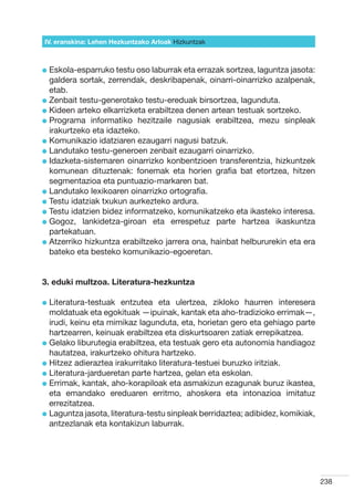 IV. eranskina: Lehen Hezkuntzako Arloak Hizkuntzak



l  skola-esparruko testu oso laburrak eta errazak sortzea, laguntza jasota:
  E
  galdera sortak, zerrendak, deskribapenak, oinarri-oinarrizko azalpenak,
  etab.
l  enbait testu-generotako testu-ereduak birsortzea, lagunduta.
  Z
l  ideen arteko elkarrizketa erabiltzea denen artean testuak sortzeko.
  K
l  rograma informatiko hezitzaile nagusiak erabiltzea, mezu sinpleak
  P
  irakurtzeko eta idazteko.
l  omunikazio idatziaren ezaugarri nagusi batzuk.
  K
l  andutako testu-generoen zenbait ezaugarri oinarrizko.
  L
l dazketa-sistemaren oinarrizko konbentzioen transferentzia, hizkuntzek
  I
  komunean dituztenak: fonemak eta horien grafia bat etortzea, hitzen
  segmentazioa eta puntuazio-markaren bat.  
l  andutako lexikoaren oinarrizko ortografia.
  L
l  estu idatziak txukun aurkezteko ardura.
  T
l  estu idatzien bidez informatzeko, komunikatzeko eta ikasteko interesa.
  T
l  ogoz, lankidetza-giroan eta errespetuz parte hartzea ikaskuntza
  G
  partekatuan.
l  tzerriko hizkuntza erabiltzeko jarrera ona, hainbat helbururekin eta era
  A
  bateko eta besteko komunikazio-egoeretan.


3. eduki multzoa. Literatura-hezkuntza

l  iteratura-testuak
  L                     entzutea eta ulertzea, zikloko haurren interesera
  moldatuak eta egokituak —ipuinak, kantak eta aho-tradizioko errimak—,
  irudi, keinu eta mimikaz lagunduta, eta, horietan gero eta gehiago parte
  hartzearren, keinuak erabiltzea eta diskurtsoaren zatiak errepikatzea.
l  elako liburutegia erabiltzea, eta testuak gero eta autonomia handiagoz
  G
  hautatzea, irakurtzeko ohitura hartzeko.
l  itzez adieraztea irakurritako literatura-testuei buruzko iritziak.
  H
l  iteratura-jardueretan parte hartzea, gelan eta eskolan.  
  L
l  rrimak, kantak, aho-korapiloak eta asmakizun ezagunak buruz ikastea,
  E
  eta emandako ereduaren erritmo, ahoskera eta intonazioa imitatuz
  errezitatzea.
l  aguntza jasota, literatura-testu sinpleak berridaztea; adibidez, komikiak,
  L
  antzezlanak eta kontakizun laburrak.




                                                                                 238
 
